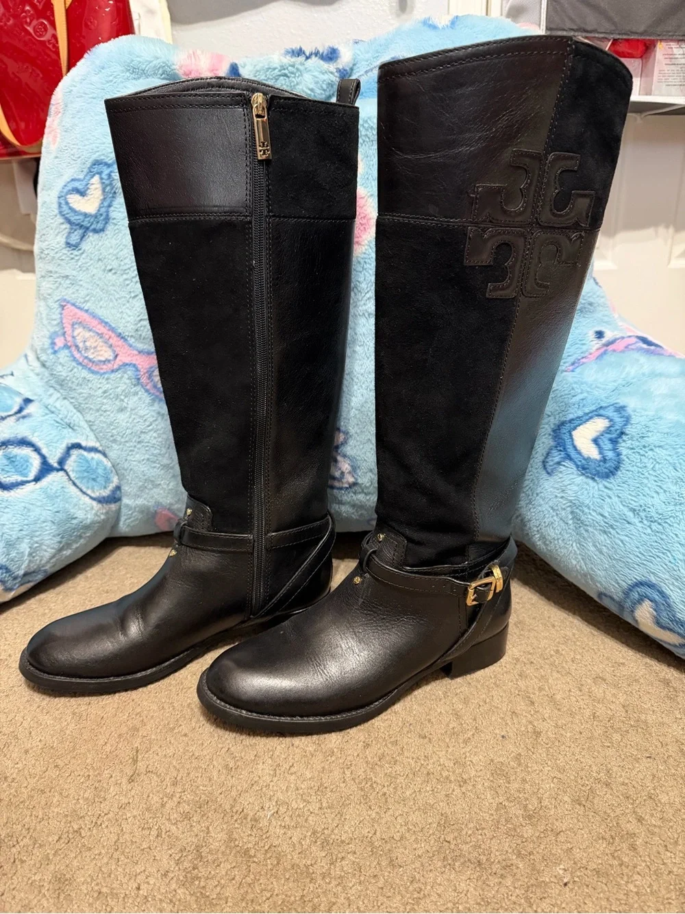 Tory Burch Black Leather & Suede Over-the-Knee Riding Boots